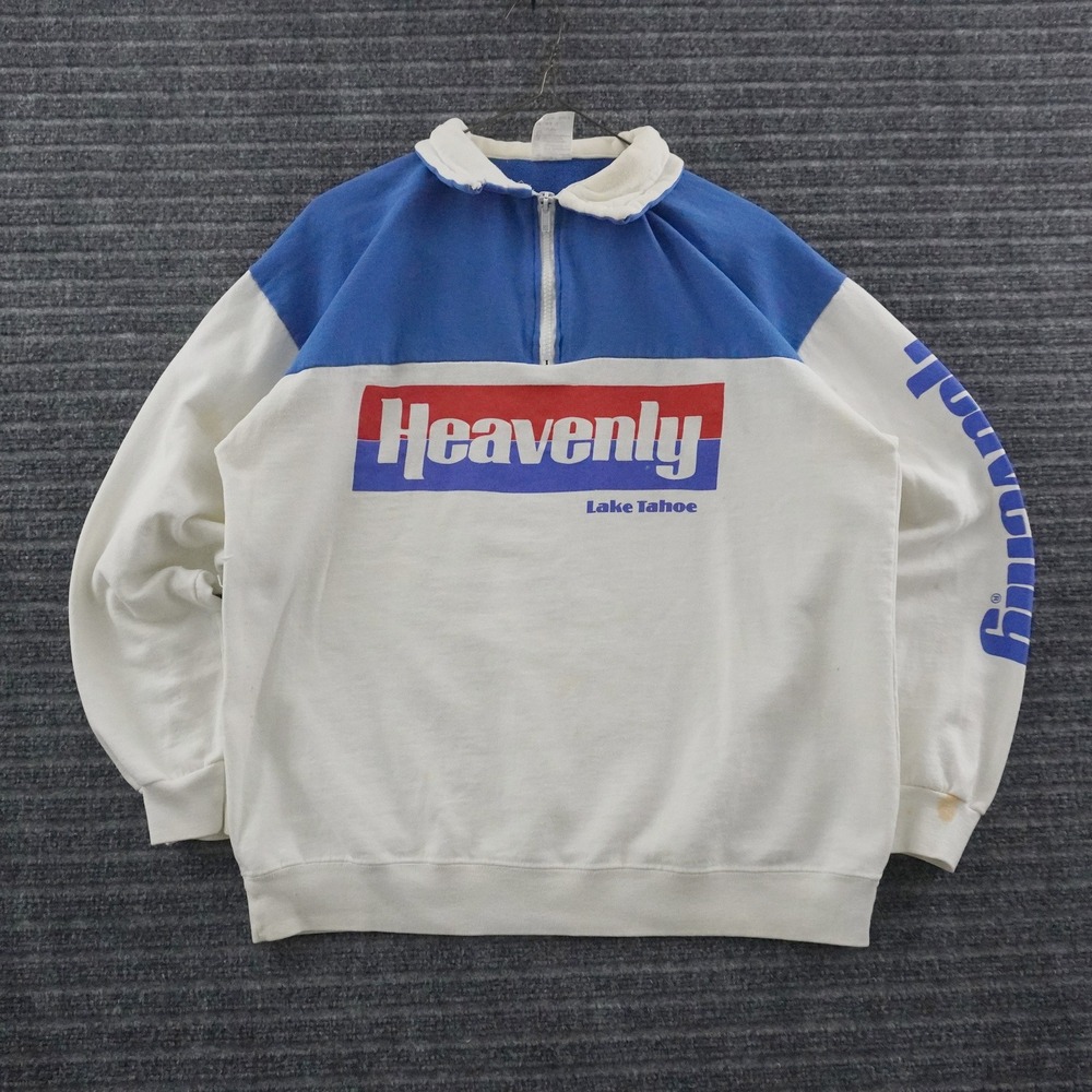 Vintage 80s Model T Heavenly Lake Tahoe Sweatshirt Men L White Blue Quarter Zip